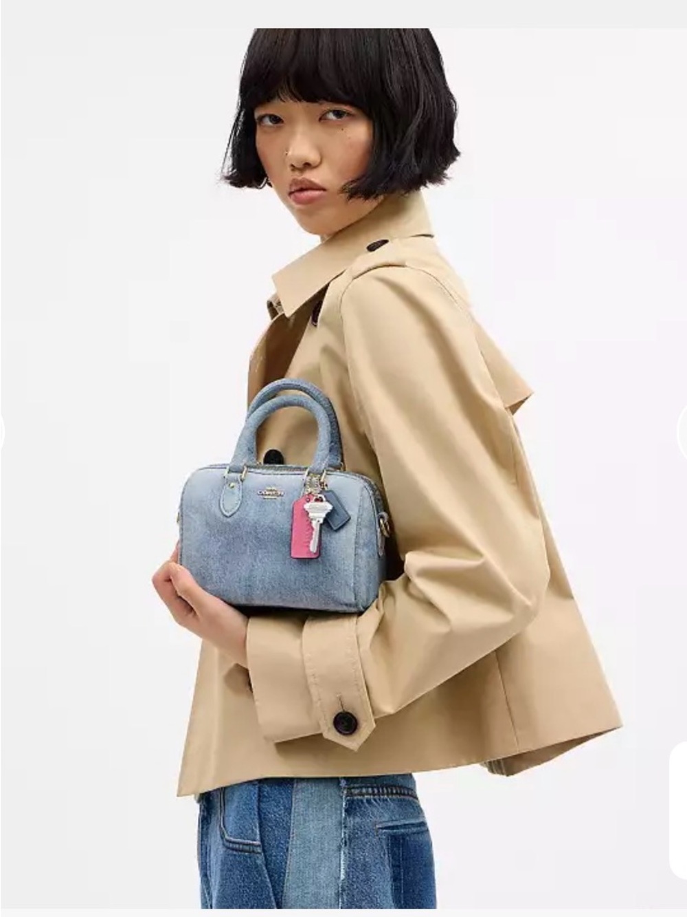 Authentic Coach Loved Denim Mini Rowan Crossbody Bag In Loved Denim w/charms - Picture 2 of 7